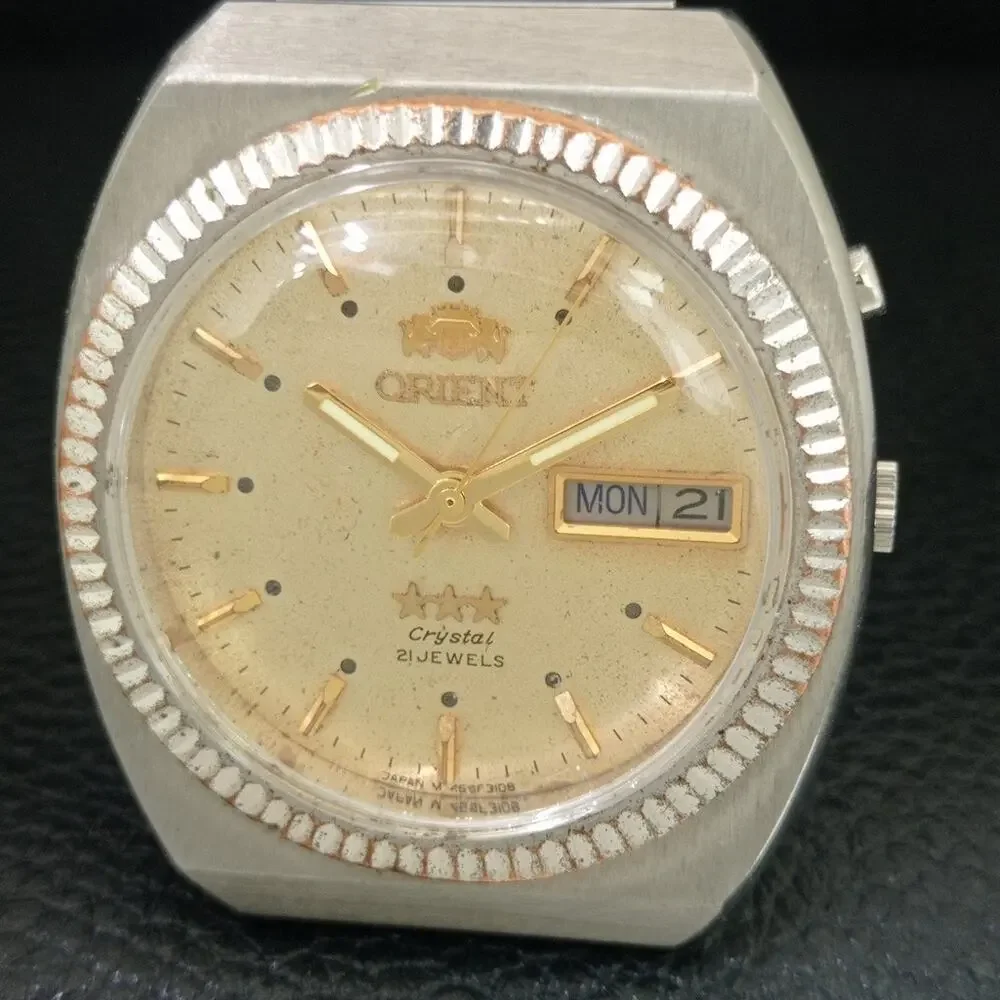 Vintage 1982 Orient Automatic Mens Silver Watch W/daydate & Gold accents